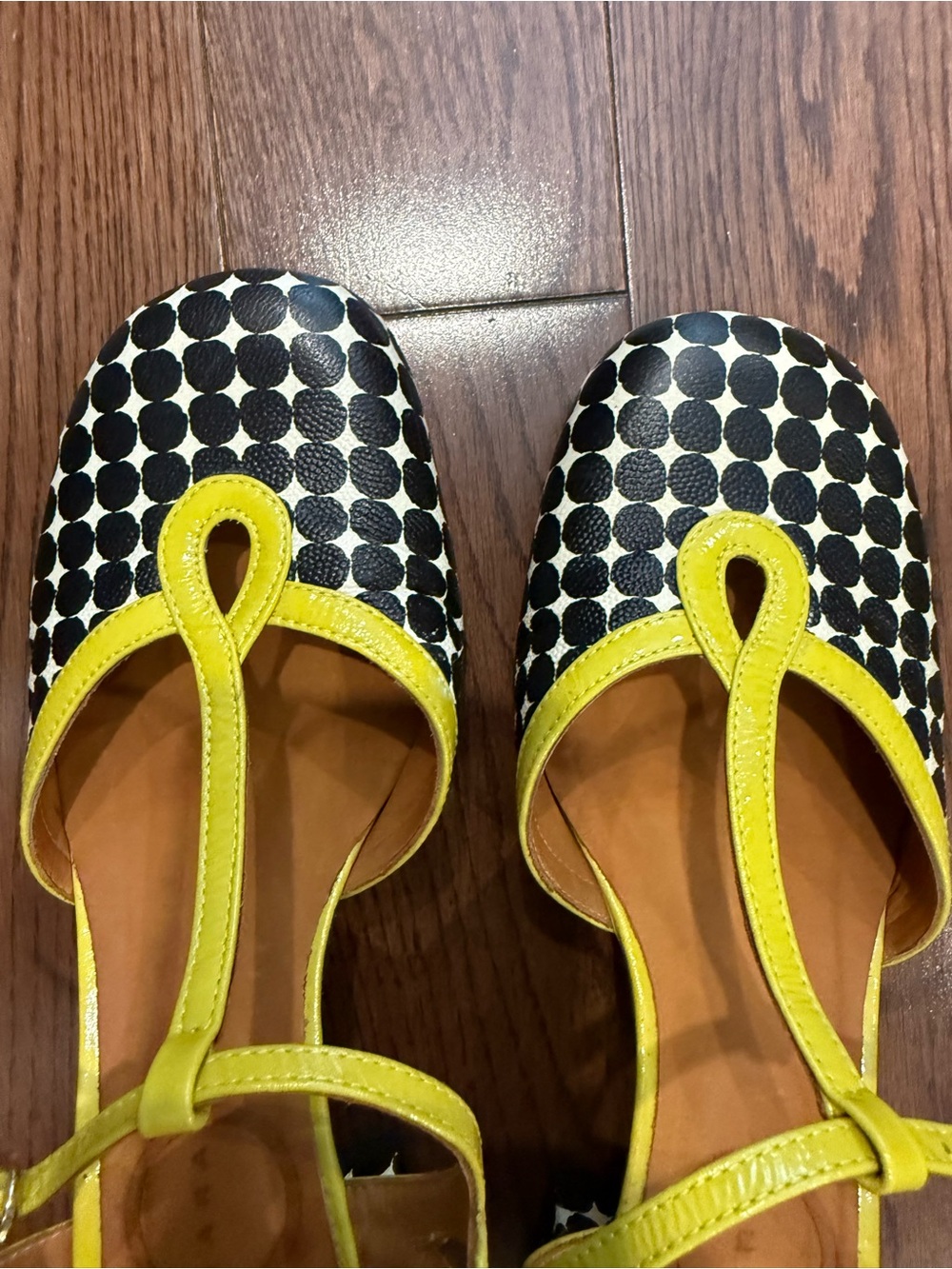 Chie Mihara Black and Yellow Polka Dot T-Strap Flats